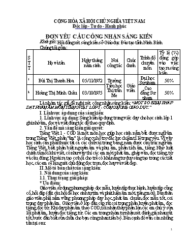 Đơn công nhận Sáng kiến Một số biện pháp dạy phần âm môn Tiếng Việt Lớp 1 - Công nghệ giáo dục