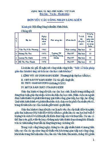 Đơn công nhận Sáng kiến Một số biện pháp giáo dục hành vi ứng xử tích cực cho học sinh Tiểu học