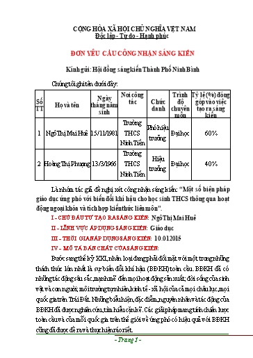 Đơn công nhận Sáng kiến Một số biện pháp giáo dục ứng phó với biến đổi khí hậu cho học sinh THCS thông qua hoạt động ngoại khóa và tích hợp kiến thức liên môn