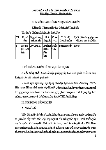Đơn công nhận Sáng kiến Một số biện pháp giúp học sinh phát triển tư duy khi giải các bài toán về phân số