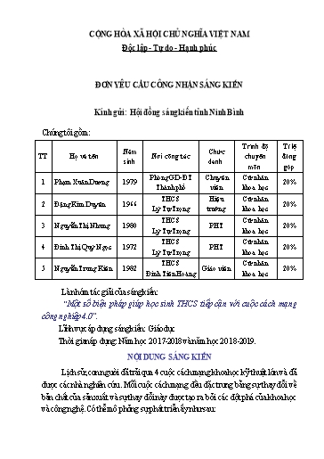 Đơn công nhận Sáng kiến Một số biện pháp giúp học sinh THCS tiếp cận với cuộc cách mạng công nghiệp 4.0