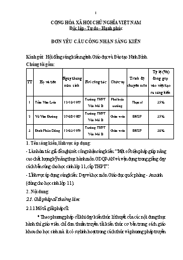 Đơn công nhận Sáng kiến Một số biện pháp giúp nâng cao chất lượng kỹ năng thực hành môn GDQP-AN và vận dụng trong giảng dạy cách bắn súng cho học sinh Lớp 11, cấp THPT