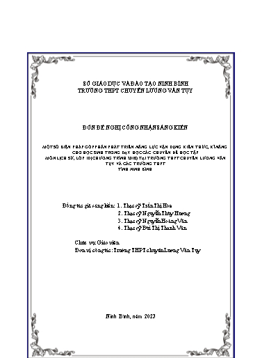 Đơn công nhận Sáng kiến Một số biện pháp góp phần phát triển năng lực vận dụng kiến thức, kĩ năng cho học sinh trong dạy học các Chuyên đề học tập môn Lịch sử, Lớp 10 (Chương trình 20