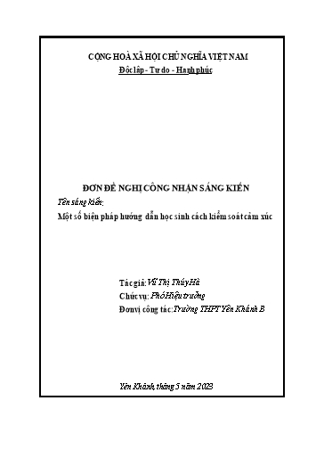 Đơn công nhận Sáng kiến Một số biện pháp hướng dẫn học sinh cách kiểm soát cảm xúc