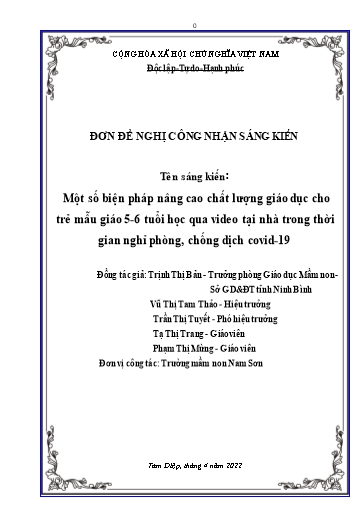 Đơn công nhận Sáng kiến Một số biện pháp nâng cao chất lượng giáo dục cho trẻ mẫu giáo 5-6 tuổi học qua video tại nhà trong thời gian nghỉ phòng, chống dịch covid-19
