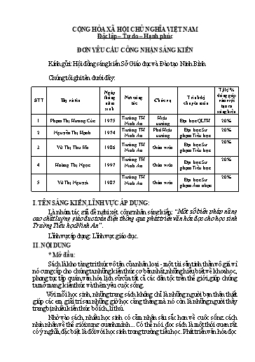 Đơn công nhận Sáng kiến Một số biện pháp nâng cao chất lượng giáo dục toàn diện thông qua phát triển văn hóa đọc cho học sinh Trường Tiểu học Ninh An