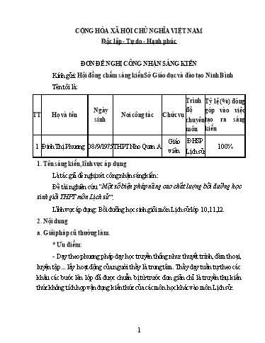 Đơn công nhận Sáng kiến Một số biện pháp nâng cao chất lượng bồi dưỡng học sinh giỏi THPT môn Lịch sử