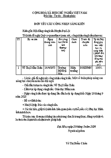 Đơn công nhận Sáng kiến Một số biện pháp nâng cao năng lực chuyên môn cho đội ngũ