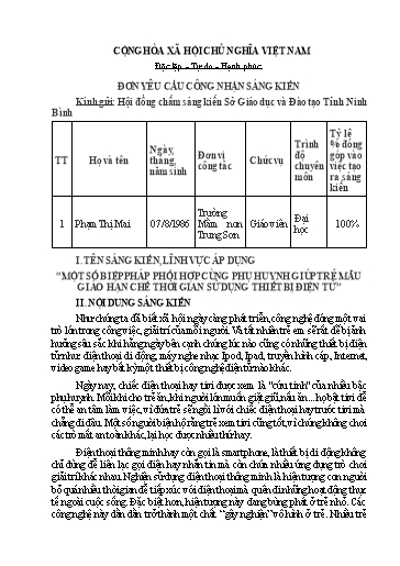 Đơn công nhận Sáng kiến Một số biện pháp phối hợp cùng phụ huynh giúp trẻ mẫu giáo hạn chế thời gian sử dụng thiết bị điện tử