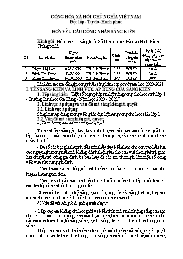 Đơn công nhận Sáng kiến Một số biện pháp rèn kỹ năng sống cho học sinh Lớp 1 - Trường Tiểu học Gia Hưng - Năm học 2020 - 2021