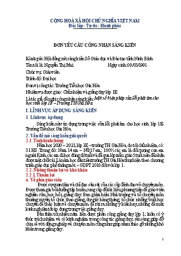 Đơn công nhận Sáng kiến Một số biện pháp sửa lỗi phát âm cho học sinh Lớp 1E – Trường TH Gia Hòa