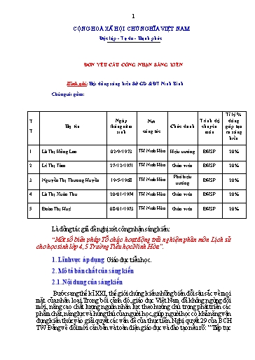 Đơn công nhận Sáng kiến Một số biện pháp Tổ chức hoạt động trải nghiệm phân môn Lịch sử cho học sinh Lớp 4, 5 Trường Tiểu học Ninh Hòa