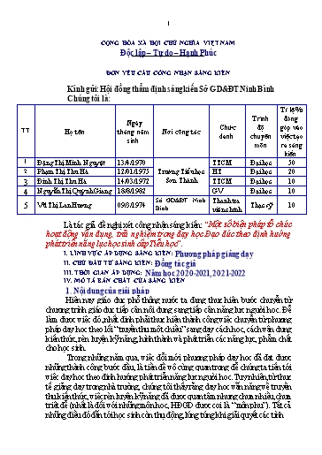 Đơn công nhận Sáng kiến Một số biện pháp tổ chức hoạt động vận dụng, trải nghiệm trong dạy học Đạo đức theo định hướng phát triển năng lực học sinh cấp Tiểu học