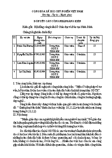 Đơn công nhận Sáng kiến Một số biện pháp về tư vấn, hỗ trợ tâm lý cho học viên có hoàn cảnh đặc biệt của khối trung tâm GDTX