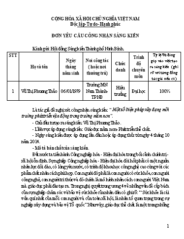 Đơn công nhận Sáng kiến Một số biện pháp xây dựng môi trường phát triển vận động trong Trường Mầm non