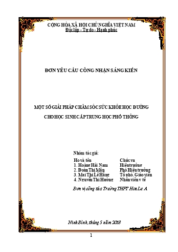 Đơn công nhận Sáng kiến Một số giải pháp chăm sóc sức khỏe học đường cho học sinh cấp THPT