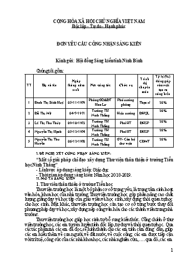 Đơn công nhận Sáng kiến Một số giải pháp chỉ đạo xây dựng Thư viện thân thiện ở trường Tiểu học Ninh Thắng