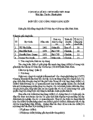 Đơn công nhận Sáng kiến Một số giải pháp đẩy mạnh ứng dụng chữ ký số trong việc gửi nhận văn bản tại Sở Giáo dục và Đào tạo (GD&ĐT) tỉnh Ninh Bình