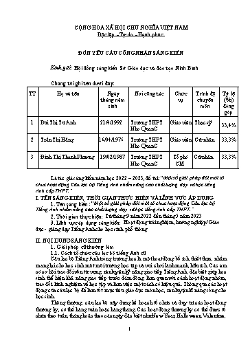 Đơn công nhận Sáng kiến Một số giải pháp đổi mới tổ chức hoạt động Câu lạc bộ Tiếng Anh nhằm nâng cao chất lượng