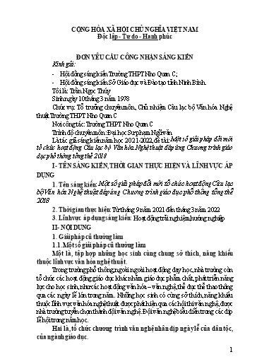 Đơn công nhận Sáng kiến Một số giải pháp đổi mới tổ chức hoạt động Câu lạc bộ Văn hóa Nghệ thuật đáp ứng Chương trình giáo dục phổ thông tổng thể 2018