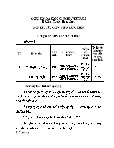 Đơn công nhận Sáng kiến Một số giải pháp giáo dục kĩ năng sống theo định hướng phát triển năng lực cho học sinh trong công tác chủ nhiệm