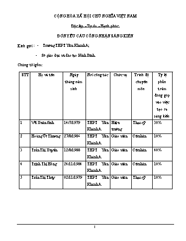 Đơn công nhận Sáng kiến Một số giải pháp khắc phục tình trạng thiếu thiết bị, hóa chất phục vụ cho dạy và học môn hóa học Lớp 10 chương trình GDPT 2018