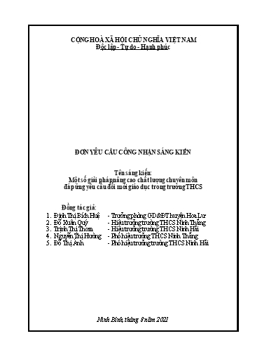 Đơn công nhận Sáng kiến Một số giải pháp nâng cao chất lượng chuyên môn đáp ứng yêu cầu đổi mới giáo dục trong trường THCS