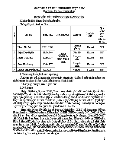 Đơn công nhận Sáng kiến Một số giải pháp nâng cao chất lượng dạy học Tiếng Anh Tiểu học tại Ninh Bình