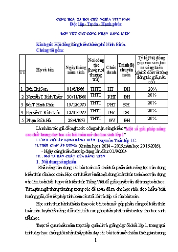 Đơn công nhận Sáng kiến Một số giải pháp nâng cao chất lượng dạy học các bài toán mở cho học sinh Lớp 1
