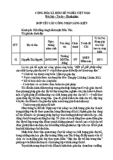 Đơn công nhận Sáng kiến Một số giải pháp nâng cao chất lượng giáo dục trẻ 3 - 4 tuổi theo quan điểm lấy trẻ làm trung tâm