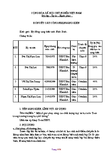 Đơn công nhận Sáng kiến Một số giải pháp nâng cao chất lượng dạy và học môn Toán trong trường Trung học phổ thông