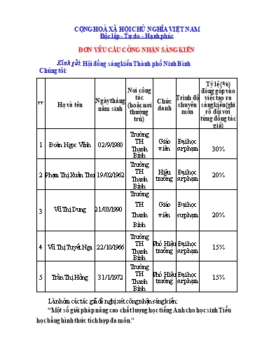 Đơn công nhận Sáng kiến Một số giải pháp nâng cao chất lượng học tiếng Anh cho học sinh Tiểu học bằng hình thức tích hợp đa môn
