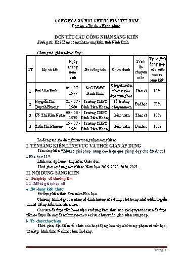 Đơn công nhận Sáng kiến Một số giải pháp nâng cao hiệu quả giảng dạy chủ đề Ancol - Hóa học 11