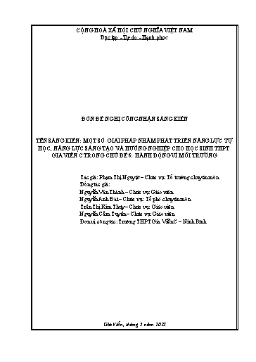 Đơn công nhận Sáng kiến Một số giải pháp nhằm phát triển năng lực tự học, năng lực sáng tạo và hướng nghiệp cho học sinh THPT Gia Viễn C trong chủ đề 6 Hành động vì môi trường