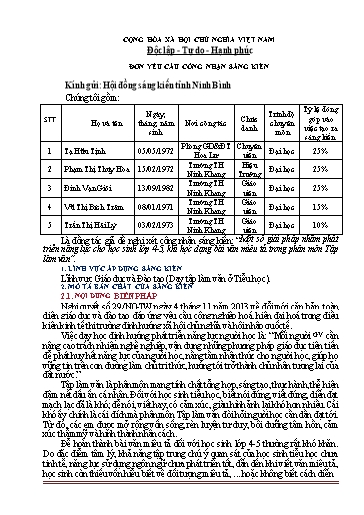 Đơn công nhận Sáng kiến Một số giải pháp nhằm phát triển năng lực cho học sinh Lớp 4-5, khi học dạng bài văn miêu tả trong phân môn Tập làm văn