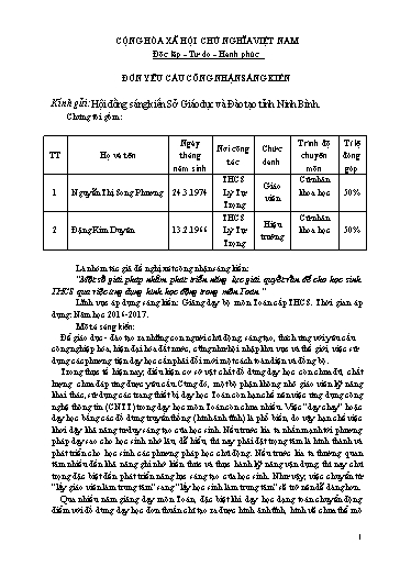Đơn công nhận Sáng kiến Một số giải pháp nhằm phát triển năng lực giải quyết vấn đề cho học sinh THCS qua việc ứng dụng hình học động trong môn Toán