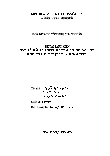 Đơn công nhận Sáng kiến Một số giải pháp nhằm tạo hứng thú cho học sinh trong tiết sinh hoạt lớp ở trường THPT