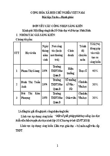 Đơn công nhận Sáng kiến Một số giải pháp phát huy năng lực đọc hiểu văn bản truyện cho học sinh Lớp 10 (Chương trình GDPT 2018)