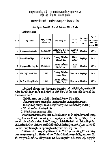 Đơn công nhận Sáng kiến Một số giải pháp phát triển năng lực sử dụng ngôn ngữ cho học sinh Lớp 1 thông qua việc dạy giải bài toán có lời văn