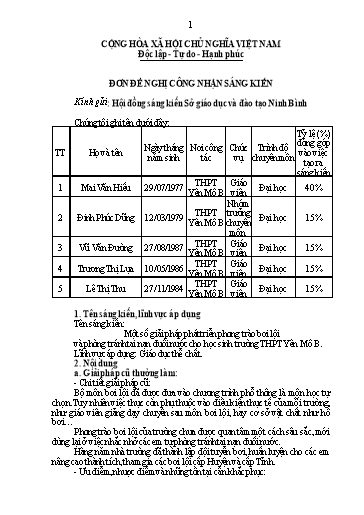 Đơn công nhận Sáng kiến Một số giải pháp phát triển phong trào bơi lội và phòng tránh tai nạn đuối nước cho học sinh trường THPT Yên Mô B