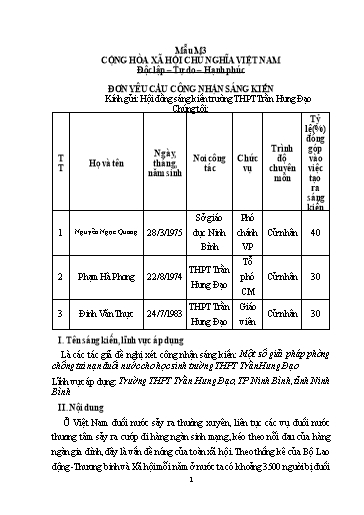Đơn công nhận Sáng kiến Một số giải pháp phòng chống tai nạn đuối nước cho học sinh trường THPT Trần Hưng Đạo