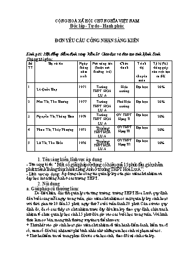 Đơn công nhận Sáng kiến Một số giải pháp sử dụng có hiệu quả 15 phút đầu giờ, nhằm phát triển kĩ năng thực hành tiếng Anh ở trường THPT Hoa Lư A