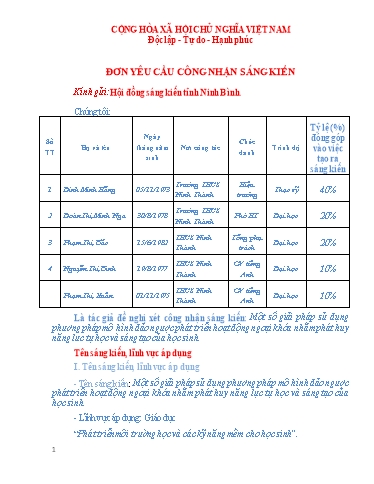 Đơn công nhận Sáng kiến Một số giải pháp sử dụng phương pháp mô hình đảo ngược phát triển hoạt động ngoại khóa nhằm phát huy năng lưc tự học và sáng tạo của học sinh