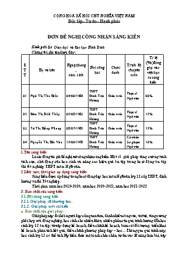 Đơn công nhận Sáng kiến Một số giải pháp tăng cường tính tích cực, chủ động của học sinh và nâng cao hiệu quả ôn tập trong hoạt động ôn tập thi tốt nghiệp THPT môn Ngữ văn