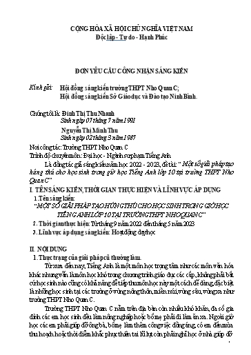 Đơn công nhận Sáng kiến Một số giải pháp tạo hứng thú cho học sinh trong giờ học Tiếng Anh Lớp 10 tại trường THPT Nho Quan C