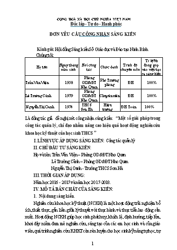 Đơn công nhận Sáng kiến Một số giải pháp trong công tác quản lý, chỉ đạo nhằm nâng cao hiệu quả hoạt động nghiên cứu khoa học kỹ thuật của học sinh THCS