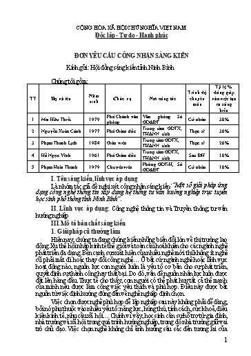 Đơn công nhận Sáng kiến Một số giải pháp ứng dụng công nghệ thông tin xây dựng hệ thống tư vấn hướng nghiệp trực tuyến học sinh phổ thông tỉnh Ninh Bình