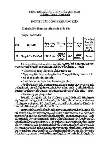 Đơn công nhận Sáng kiến Một số giải pháp xây dựng môi trường học tập tích cực, an toàn, thân thiện cho trẻ mẫu giáo 5 - 6 tuổi