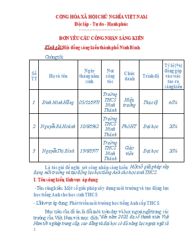 Đơn công nhận Sáng kiến Một số giải pháp xây dựng môi trường và tạo động lực học tiếng Anh cho học sinh THCS