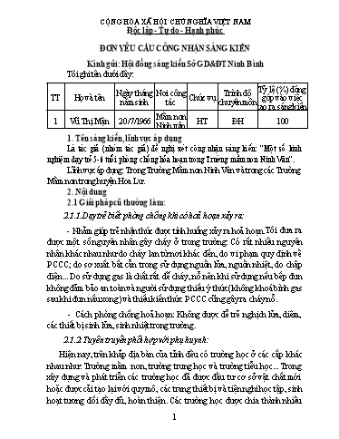 Đơn công nhận Sáng kiến Một số kinh nghiệm dạy trẻ 5-6 tuổi phòng chống hỏa hoạn trong Trường mầm non Ninh Vân